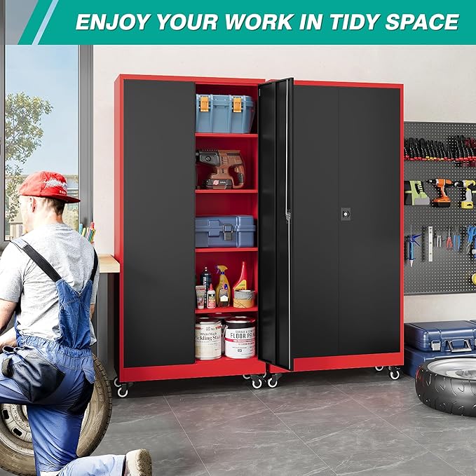 SISESOL 75" Tall Metal Storage Cabinet with Wheels,Rolling Garage Storage Cabinet with Lock,Red Metal Cabinets on Wheels,Locking Tool Cabinets on Wheel for Garage,Home,Office,Shop
