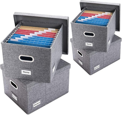 PRANDOM File Organizer Box - Set of 4 Collapsible Decorative Linen Filing Storage Hanging File Folders with Lids Office Cabinet Letter/Legal Size Grey 17.1x14x11.1 inch