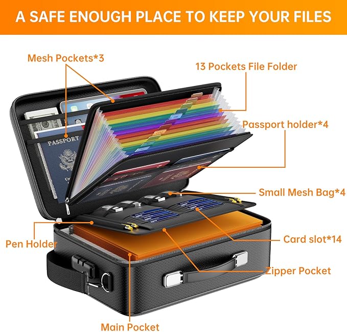 DocSafe Fireproof Document Box with Lock, Hard Case File Organizer with Accordion File Folder, Fireproof Water Resistant Safe Box Home Office Travel Storage for Important Documents Laptop Black