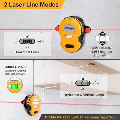 PREXISO Multi Surface Laser Level LED Light Vial, 30Ft Horizontal & Vertical Line Laser with Wall Mount Base, 2 Pins, 10 Sticker, 2 AA Batteries for Hanging Frames & Picture, Construction Wall Writing