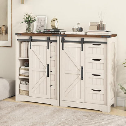 Farmhouse Bathroom Storage Cabinet, Bathroom Cabinet with 4 Drawers and Sliding Door, Farmhouse Floor Storage Organizer for Kitchen, Living Room, Rustic Style, White