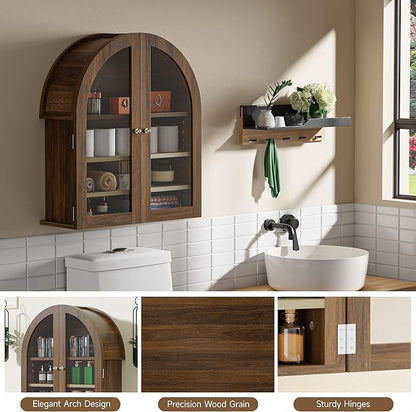 HOACT Arch Bathroom Wall Cabinet with Glass Door, 23.6" Above Toilet Storage Cabinet with Adjustable Shelves, Natural Medicine Cabinet for Kitchen, Laundry Room, Bedroom, Walnut