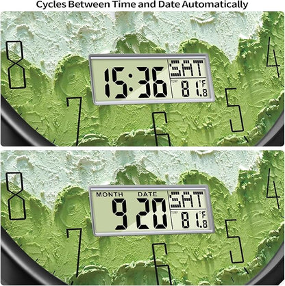 SCOAGE Modern Wall Clock with Temperature Green Forest Large Display Non-Ticking Battery Operated Clock with Date and Week for Kitchen Bedroom Living Room Farmhouse Decor 12 Inch