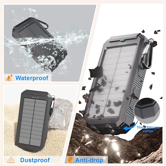 Power Bank Solar Charger 20,000mAh, Portable Phone Charger, 4 Cables Outdoor Waterproof External Backup Power Charger with USB-C for Cell Phones, Solar Battery Pack with Dual Flashlight for Camping