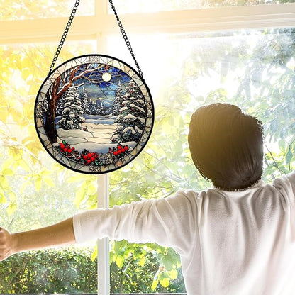 DASTOLL Stained Glass Window Hanging Christmas Tree Winter Snow Night Scenery 6.3" - Suncatcher Door Garden Kitchen Sun Catcher Home Decor Birthday for Mom Men Woman Friend