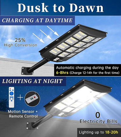 JAYNLT Y-6800W Solar Street Lights Outdoor, 600000LM 6500K Powerful Parking Lot Lights Commercial, Duks to Dawn Solar Lamp Outdoor with Motion Sensor for Yards, Driveways