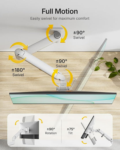 monTEK 17-49 inch Single Monitor Wall Mount for up to 44 lbs Ultrawide Screen, Premium Aluminum Heavy Duty Monitor Arm with Adjustable Gas Spring Arm, 75x75/100x100 VESA Mount, White