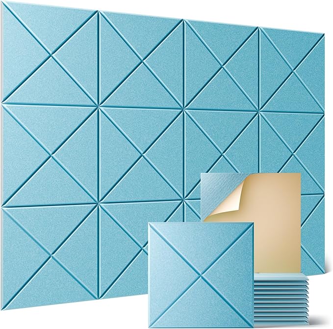 Sonicism 12 Pack X-Lined Acoustic Panels with Self-Adhesive, 12"X 12"X 0.4" Sound Proof Foam Panels, Decorative Soundproof Wall Panels, Sound Absorbing Tile for Home & Offices, Light Blue