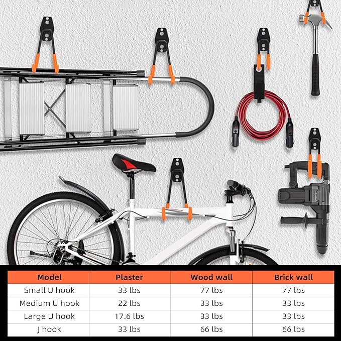 CRXCRC Garage Hooks, 4 Pack Large Square Wall Hooks for Hanging Heavy Duty Ladders, Bikes, Tools Ideal for Garage, Garden, Basement Utility Room Storage (Orange)