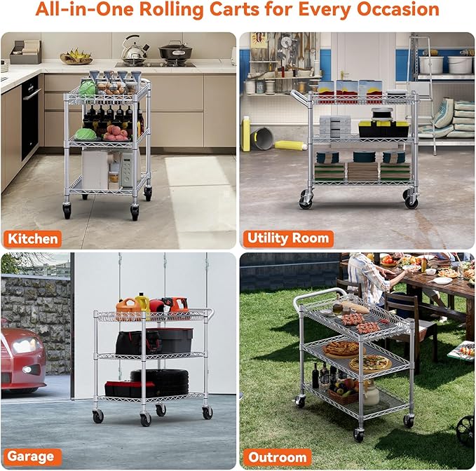 WDT 990Lbs Capacity Heavy Duty Rolling Utility Cart, NSF Rolling Carts with Wheels,Commercial Grade Metal Cart with Handle Bar & Shelf Liner,Trolley Serving Cart for Kitchen,Restaurant,Silver