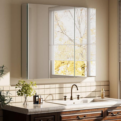 Bathroom Medicine Cabinet with Mirror, 30 Inch x 26 Inch Bathroom Mirror Cabinet with Double Door & Adjustable Shelves, Surface Mount or Recess Installation