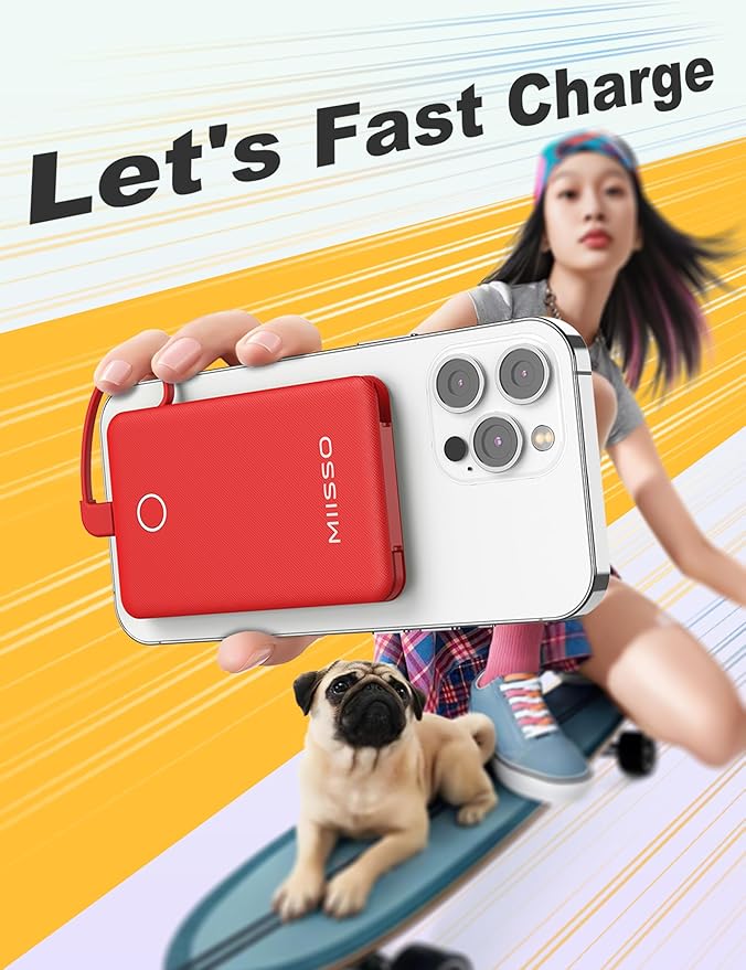 miisso 6000mah Ultra Slim Built in Cables Power Bank, Card Size Built in USB C Cords Battery Pack Portable Charger for Phones, 3 Output External Battery Pack Compatible with iPhone, Red