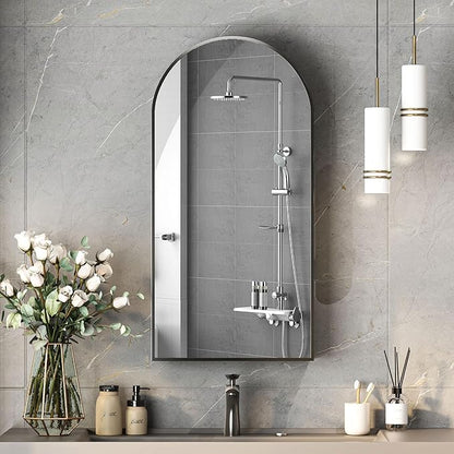 Black Arched Medicine Cabinets with Mirror,Bathroom Mirror Cabinet with Storage,Brushed Black Arch Medicine Cabinet Surface Mount Only,Right Hinges,16 x32 Inch