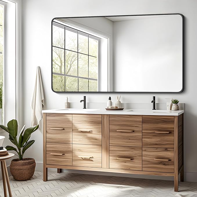 30 x 50 Inch Bathroom Mirror, Matte Black Wall Mirror with Metal Frame, Decorative Rectangular Vanity Mirror for Bedroom Bathroom Living Room Entryway (Horizontal/Vertical)