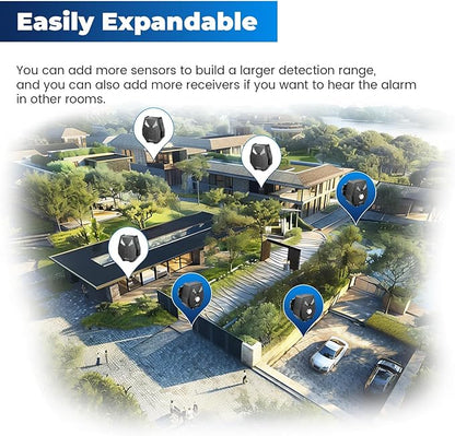 Solar Wireless Driveway Alarm, Outdoor Motion Sensor Detector Alarms Driveway Alert System 2000ft Long Range with Rechargeable Battery, Outside Weatherproof/Expandable (1 Receiver and 2 sensors)