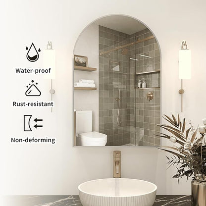 24x36 Inch Arch Bathroom Mirror Medicine,Cabinet,Brushed Silver Wall Mounted Bathroom Mirror with Storage,Adjustable Glass Shelves,Surface Mount Only,Mirrored Medicine Cabinets for Bathroom