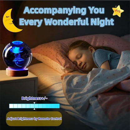 3D Rose Crystal Ball Lamp,3.15 inch Crystal Ball Night Light with Wooden Base,16 Colors Changing Light,Dimmable Remote Control,Rose Flower Desk lamp (G)