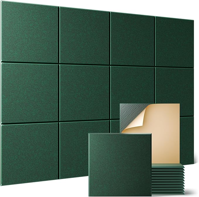 Sonicism 12 Pack Acoustic Wall Panels with Self-Adhesive, 12" X 12" X 0.4" Sound Proof Foam Panels, Decorative Soundproof Wall Panels, Sound Proof Absorbing Tiles for Home & Offices, Dark Green
