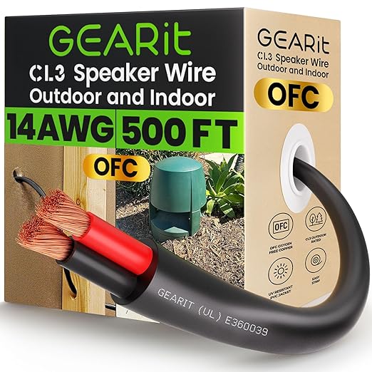 GearIT 14/2 Speaker Wire (500 Feet) 14AWG Gauge - Outdoor Direct Burial in Ground/in Wall / CL3 CL2 Rated / 2 Conductors - OFC Oxygen-Free Copper, Black 500ft