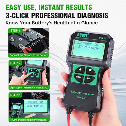 DUOYI DY221 Car Battery Tester, 12V 24V Digital Automotive Alternator Meter Diagnostic Tool,100-2000 CCA Load Capacity, Charging & Cranking Analyzer for Cars, Trucks, Motorcycles, Vans, RVs, Boats...