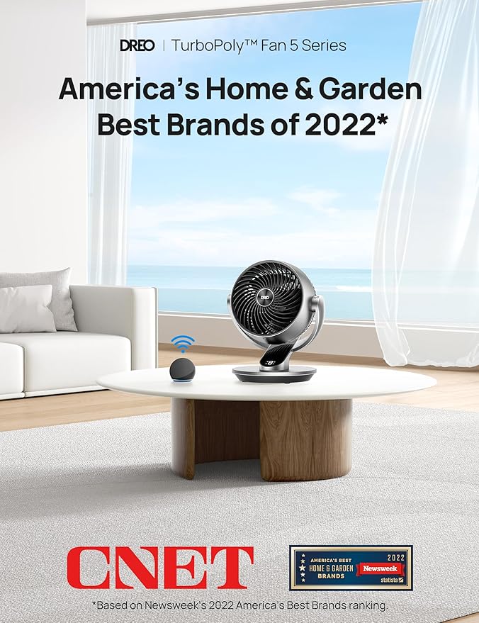 Dreo Smart Fan for Bedroom,120° Vertical and 90° Oscillating Fan with Remote/Voice, 13 Inch Height Quiet Air Circulator for Whole Room, 70 ft, 4 Speeds, 5 Modes, 12H Timer, Desk Fans for Home, Office