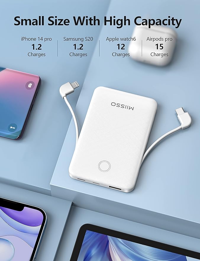 6000mah Ultra Slim Built in Cables Power Bank, Card Size Built in USB C Cords Battery Pack Portable Charger for Phones, 3 Output External Battery Pack Compatible with iPhone, 2-Pack Black & White