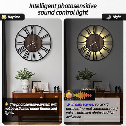 LEIKE Large Wall Clocks with Night Light Battery Operated,Silent Non Ticking,Rustic Modern Big Wood Clock for Living Room, Bedroom,Kitchen,Farmhouse,Office,Home Decor-20 Inch(Roman Numerals)