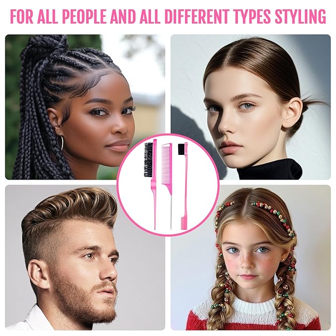 3 Pieces Hair Styling Comb Set Teasing Brush Rat Tail Comb Edge Brush for Edge&Back Brushing, Combing, Slicking Hair for Women (Pink)