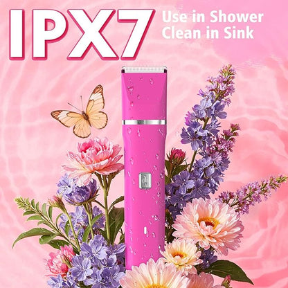 Bikini Trimmer for Women - IPX7 Waterproof Pubic Hair Remover for Shower & Travel, 3-in-1 Bikini Trimmer with Body/Round/Curved Heads, Hypoallergenic Foil & Ceramic Blades, Self-Care Gifts for Her