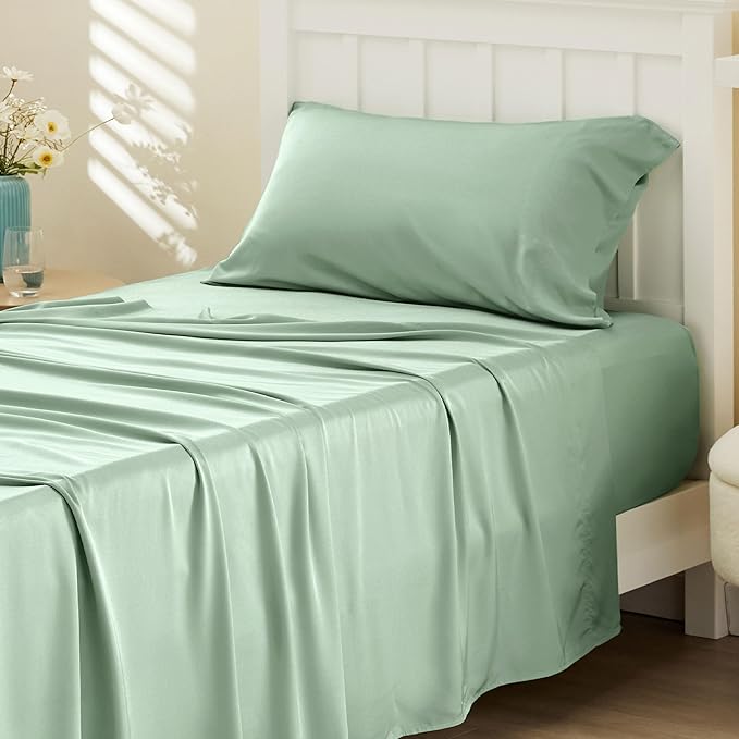 Bedsure Cooling Sheets Twin XL, Rayon Derived from Bamboo, Breathable & Soft Twin XL Sheet Sets, Deep Pocket Up to 16 Inches, Hotel Luxury Silky Dorm Bedding for Hot Sleepers, Sage Green