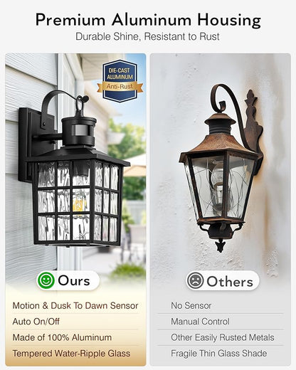 VIANIS Outdoor Wall Lights for House, 2 Pack Black Motion Sensor Porch Lanterns Wall Sconce, Modern Exterior Garage Light Fixtures Wall Mount, Waterproof Front Door Lights with Tempered Ripple Glass