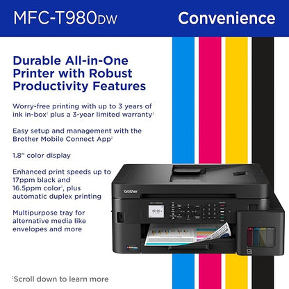 Brother INKvestment Tank 980 Wireless and Ethernet Color Inkjet All-in-One Printer with Multipurpose Tray | Includes up to 3 Years of Ink in-Box(1) and 3-Year Limited Warranty(2) (MFC-T980DW)