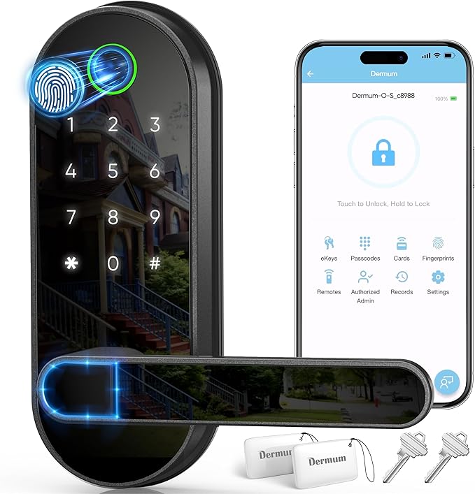 Keyless Entry Fingerprint Digital Smart Lock with Handle & Keypad: Electronic/Electric Lock with Code, App Control Biometric Deadbolt Door Knob for Front, Interior, Exterior & Bedroom Door (Black)