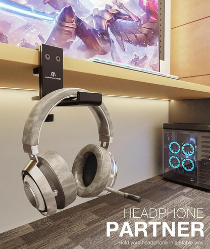 APPHOME New Foldable Headphone Stand Hanger Holder Aluminum Headset Soundbar Stand Clamp Hook Under Desk Space Save Mount, Universal Fit Gaming Headphones, Black