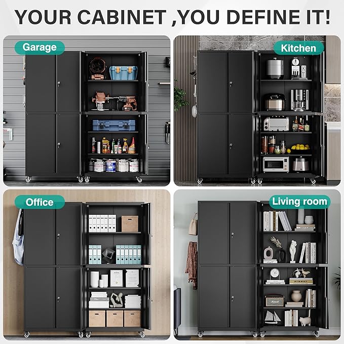 SISESOL Metal Storage Cabinet with Wheels,73" Rolling Garage Storage Cabinet with Lock,Black Metal Cabinets with Shelves and 4 Doors,Tall Tool Cabinets on Wheels for Garage,Home,Office,Shop