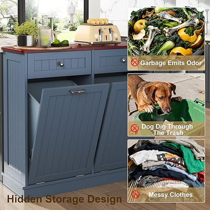 Tilt Out Trash Can Cabinet with Double Hidden Trash Bin Holder, Kitchen Free Standing Recycling Cabinet,Dog Proof Trash Can,Wood, Blue