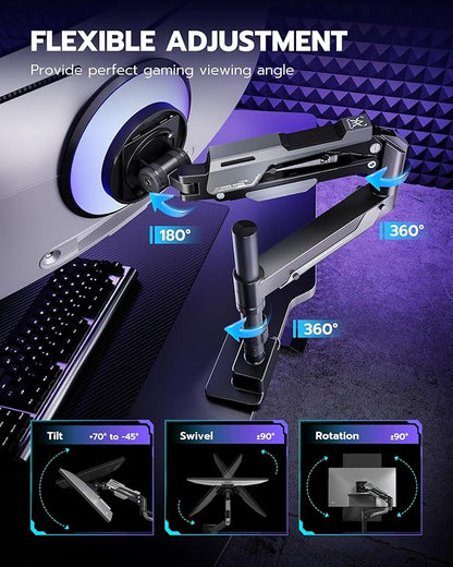 ARES WING CoreArm Single Monitor Mount, Ultrawide Monitor Arm for 24 to 57'' Heavy Duty Curved Screen, Adjustable Gas Spring Monitors Arm Stand up to 66LBS with 75/100/200 Vesa Mount, Black