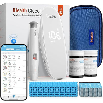 iHealth Gluco+ Wireless Smart Blood Glucose Monitor Kit with Free App, 100 Glucometer Strips, 100 Lancets, 1 Blood Sugar Monitor, 1 Lancing Device, Portable Diabetes Testing Kit for Home Use
