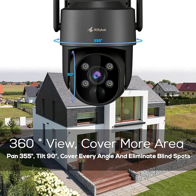 Kittyhok Black Solar Security Cameras Wireless Outdoor System, 5G/2.4G WiFi, 4pcs 2K Ultra Pan/Tilt Home Solar Security Camera with Human Detection, Spotlight, 10CH WiFi-6 NVR, 60 Days Local Storage