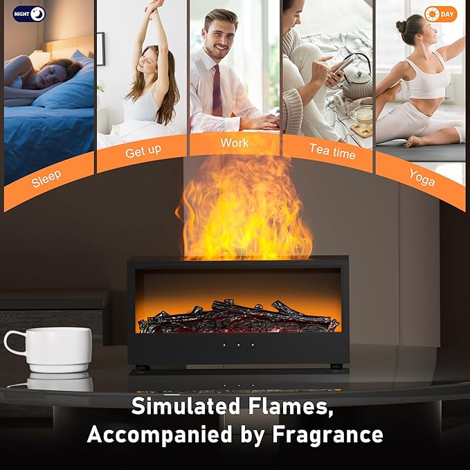 Fireplace Flame Air Diffuser Humidifier,7 Colors Aromatherapy Essential Oil Diffuser, Ultrasonic Aroma Humidifier with Remote Control & Timer for Bedroom, Home, Office, Yoga (Black)