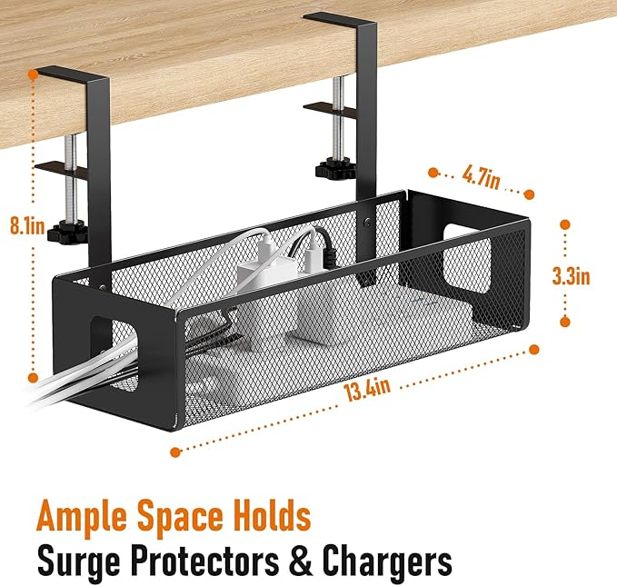 DELAMU Under Desk Cable Management Tray - Cable Management Tray No Drill with F-Clamp Design, Metal Mesh Cord Organizer, Sturdy Wire Organizers for Cords for Home Office Standing Desk, Black