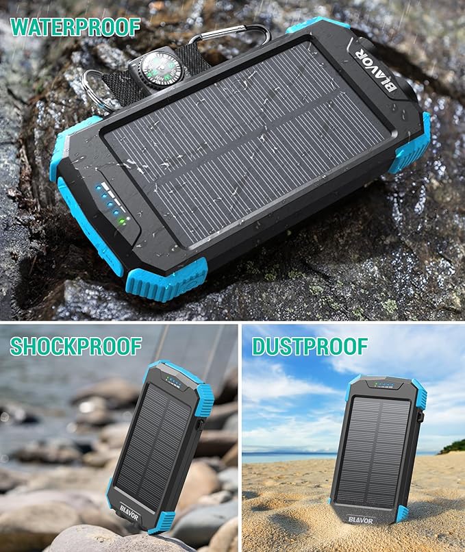 BLAVOR Solar Power Bank 10,000mAh, Portable Wireless Charger, 20W Fast Charging External Battery Pack with USB C for Cell Phones, Solar Panel Charging with Dual Flashlight for Camping
