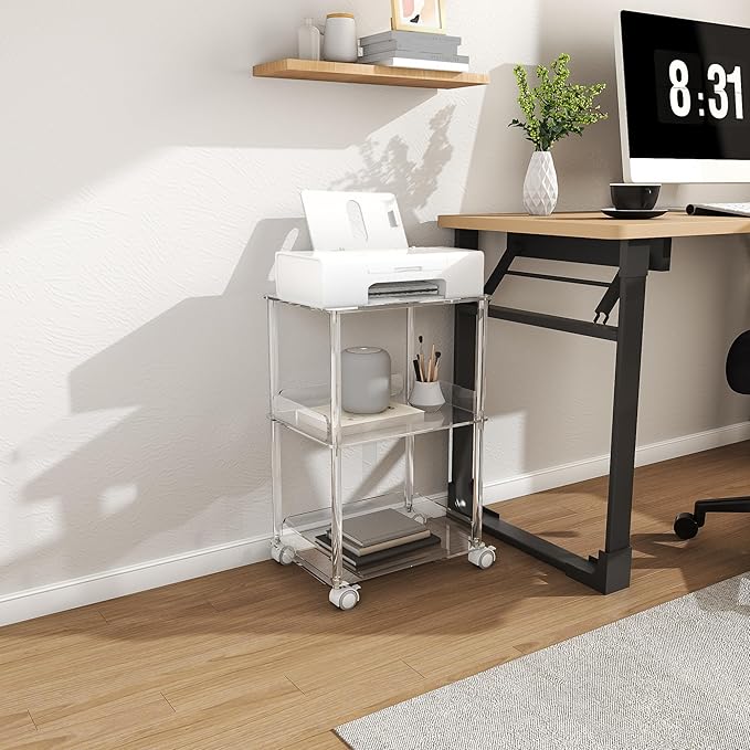 HMYHUM Acrylic Printer Stand, 3 Tier Clear Printer Cart with Lockable Wheels, Multifunctional Printer Table for Office & Home, Modern, 15.7" L x 11.8" W x 24" H