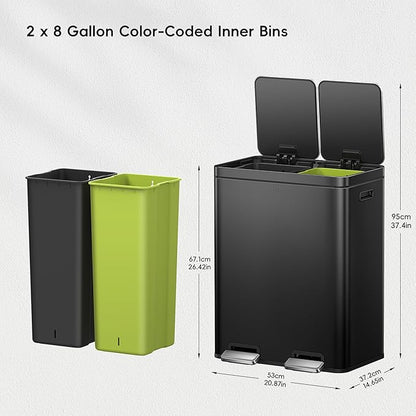 EKO Edison 8+8 Gallon Dual Trash Can for Recycling and Trash, Stainless Steel Kitchen Step Can with Dual Removable Inner Bucket, Independent Lids and Pedals, Black