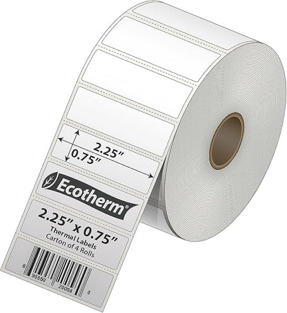 2.25" x .75" Thermal Labels | 4 Rolls | 7120 Labels | fits Zebra, Munbyn, Rollo, Godex, Arkscan, iDPRT, Offnova Thermal Label Printers and More | Blank White Adhesive Stickers by Ecotherm