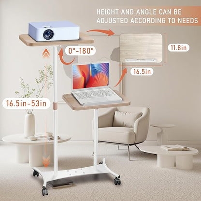 YUMFUN 2 Shelves Projector Stand, Mobile Laptop Cart on Wheels Projector Stand Adjustable Height 20 to 53 Inches, Overbed Table with 5 Lockable Casters, Rolling Laptop Floor Stand for Couch