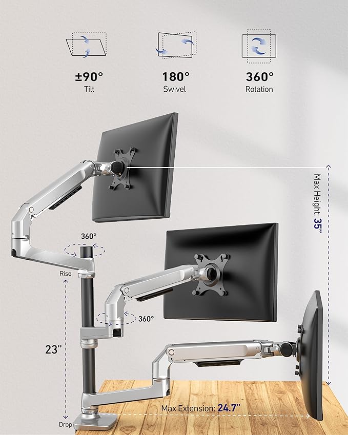 Ergounion Triple Monitor Mount, Holds Screens up to 40 Inches and 25 lbs, Fully Adjustable 3 Monitor Desk Mount with C-Clamp and Grommet Base, Aluminum, Silver