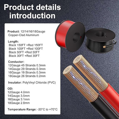18 Gauge Electrical Wire 2 Pack Total 300ft-Black 150 ft and Red 150 ft Soft Flexible Copper-Clad Aluminum(CCA) 18 AWG PVC Wire for Lamp, Household Appliances RC Toys, Models, Auto, Electronics