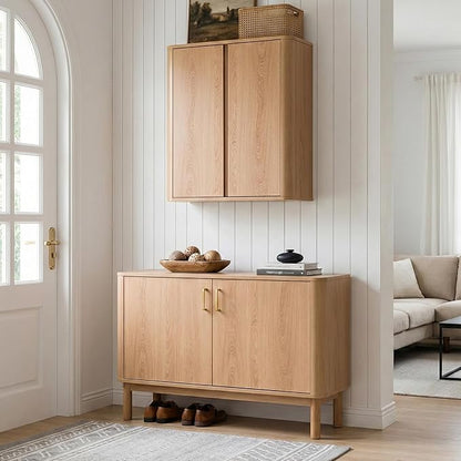 Wall Mounted Storage Cabinet, 2-Door Bathroom Medicine Cabinet with Adjustable Shelves, Modern Wood Hanging Organizer with Rounded Edges for Laundry Room, Kitchen