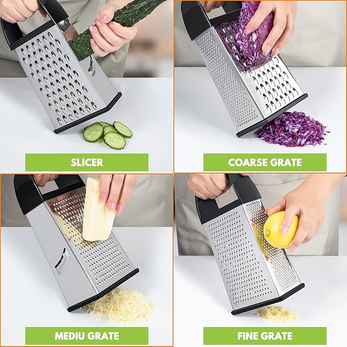 Urbanstrive Cheese Grater With Container Box Grater Stainless Steel Graters for Kitchen Cheese Shredder Parmesan Shredder Kitchen Gadgets Kitchen Tools Kitchen Gifts for Chef Dishwasher Safe Zester